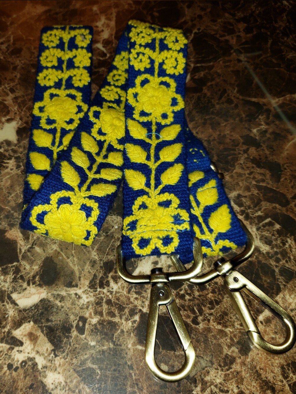 Madeline Parks 100% Wool Blue & Yellow Embroidered Adjustable Purse Strap